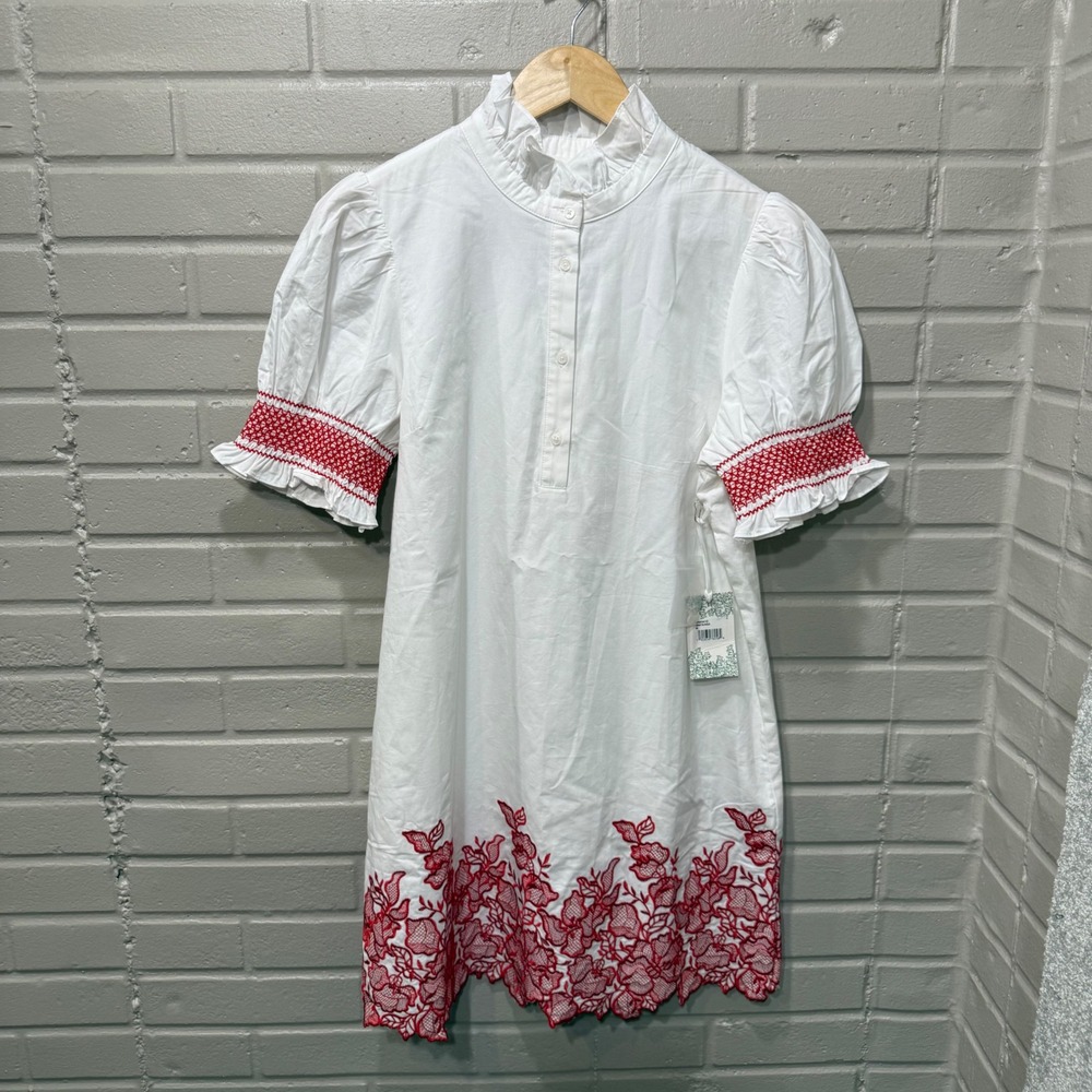 Hyacinth House Eliza Mini Dress White Red Embroidery Smocked Ruffle Neck NWT M - Picture 9 of 16